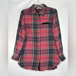 Soft Surroundings Pink Plaid Flannel Shirt Velvet Trim Boho Western Sz XS
